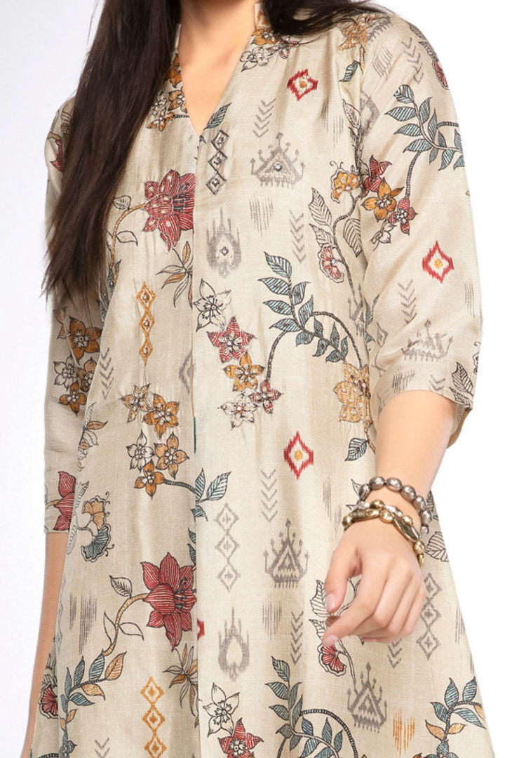 Beige Zari, Zardozi, Beads and Sequins work with Floral Print A-line Cut Calf Length Kurti