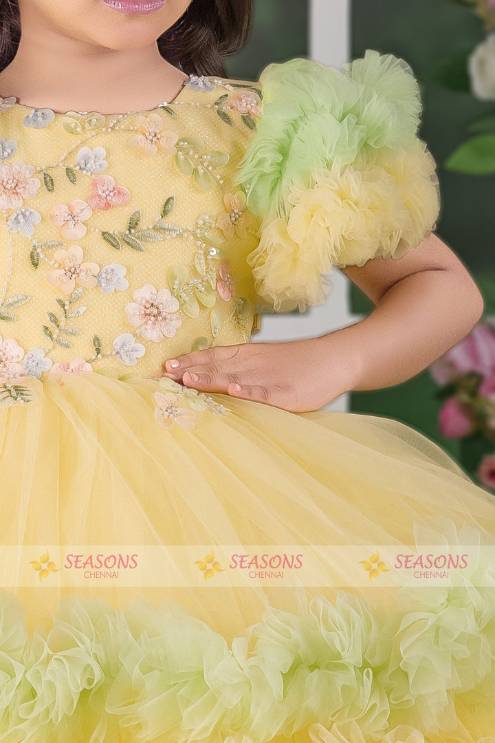 Yellow with Green Beads work Short Partywear Frock for Girls