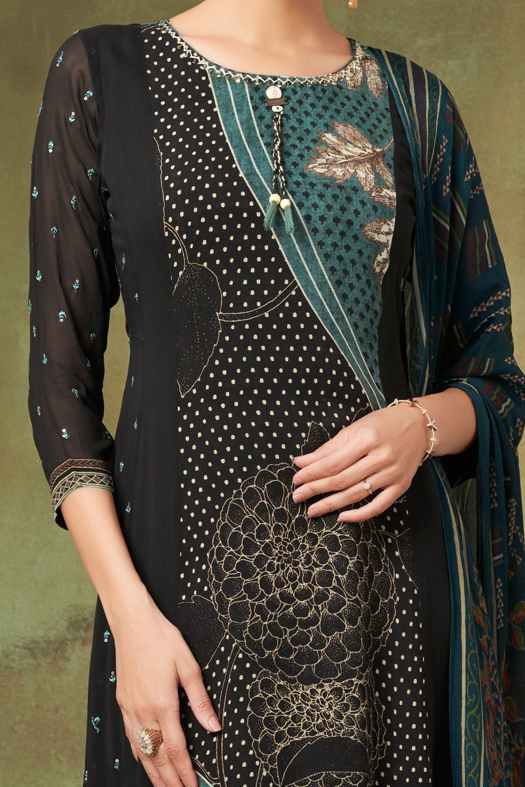 Black Sequins and Thread work with Digital Print Straight Cut Salwar Suit