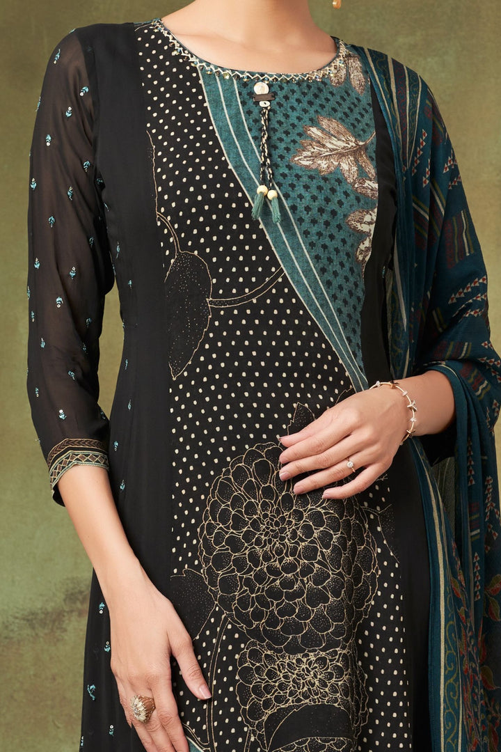 Black Sequins and Thread work with Digital Print Straight Cut Salwar Suit