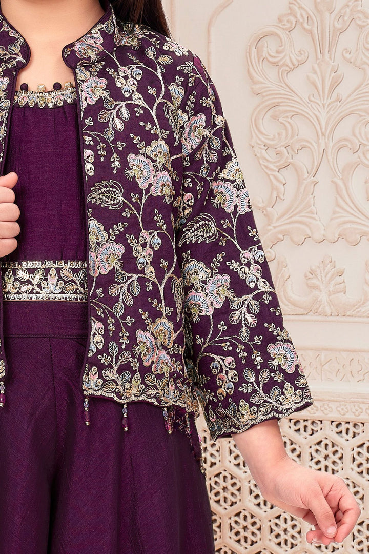 Wine Multicolor Thread, Sequins, Beads and Zari work Palazzo Suit Set for Girls