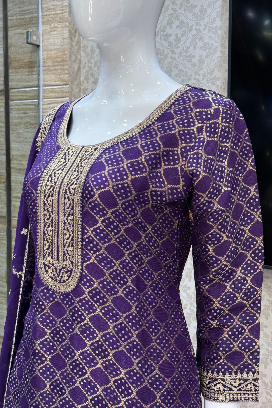 Purple Banaras, Sequins and Zari work with Bandini Print Straight Cut Salwar Suit