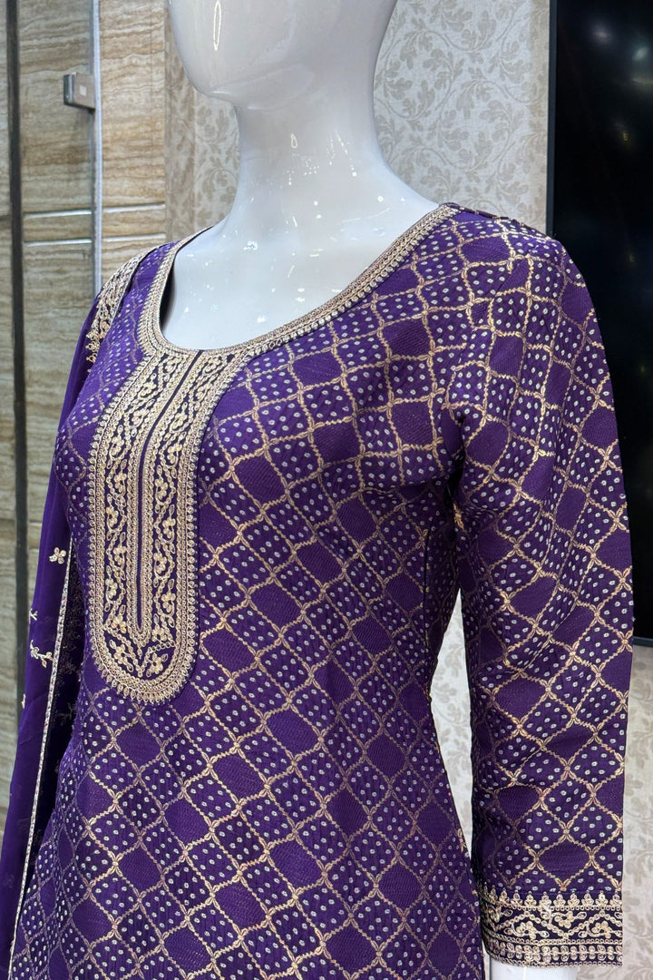 Purple Banaras, Sequins and Zari work with Bandini Print Straight Cut Salwar Suit