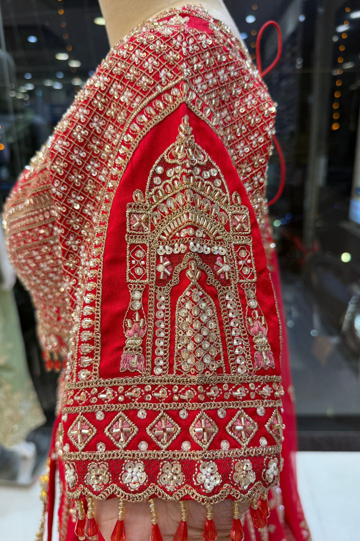 Red Beads, Zari, Zardozi, Thread and Sequins work Crop Top Designer Bridal Lehenga