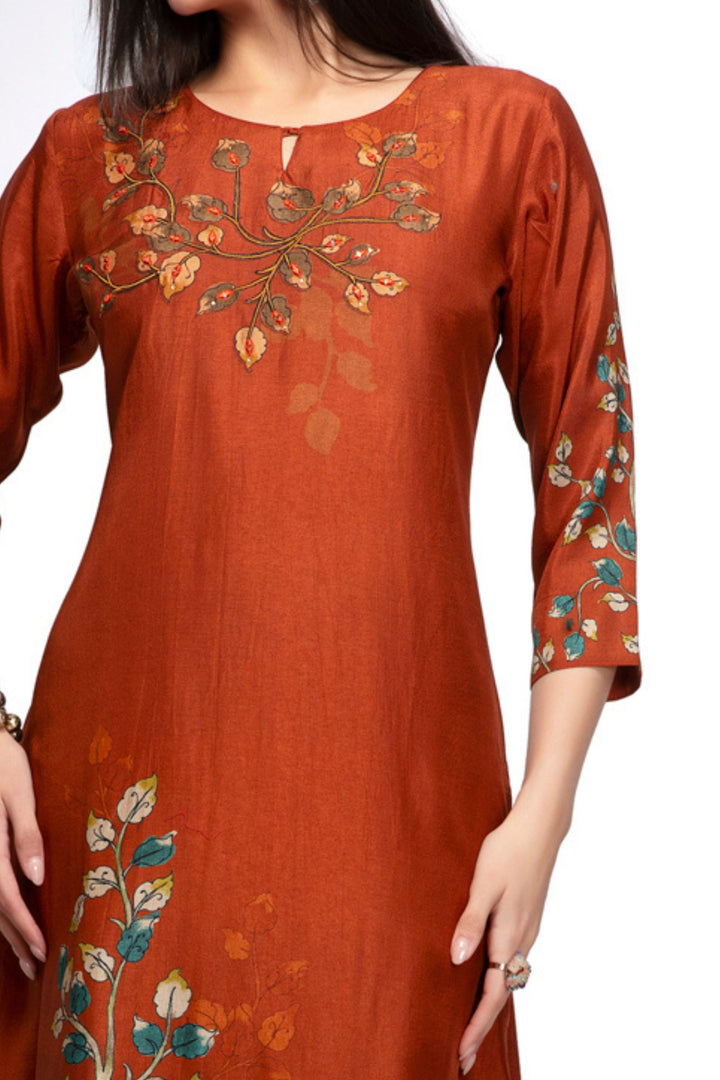 Rust Mirror work with Digital Print Calf Length Kurti