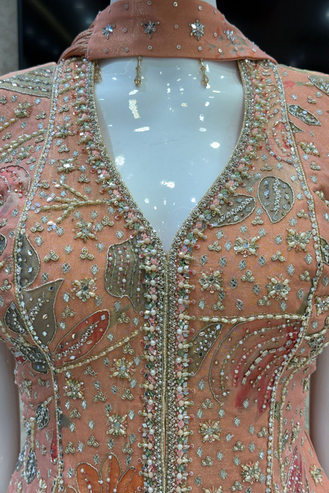 Peach Beads, Mirror and Zardozi work with Digital Print Peplum Style Lehenga