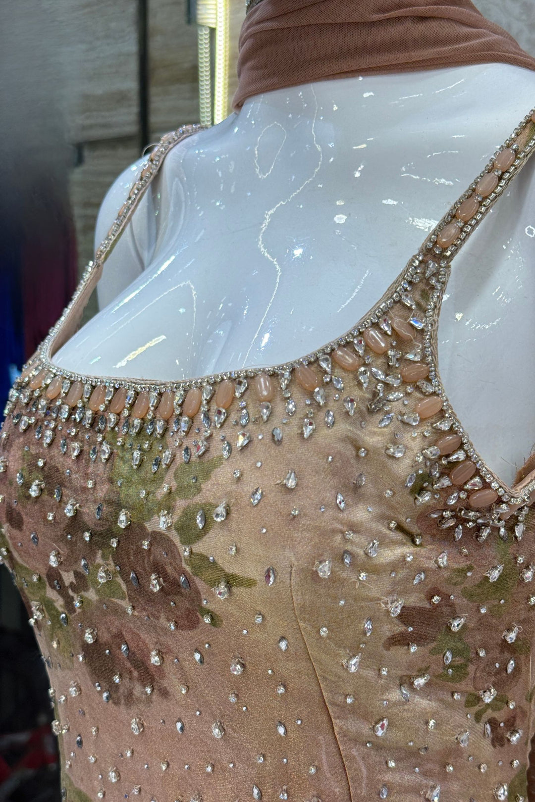 Light Brown Floral Print Top and Flared Palazzo Set with Kundan and Beads work