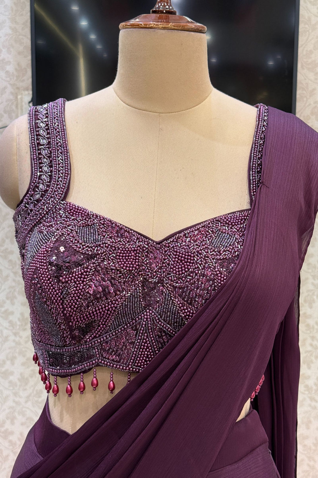 Wine Readymade Saree with Beads, Sequins and Pearl work Readymade Blouse