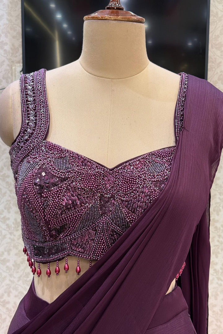 Wine Readymade Saree with Beads, Sequins and Pearl work Readymade Blouse