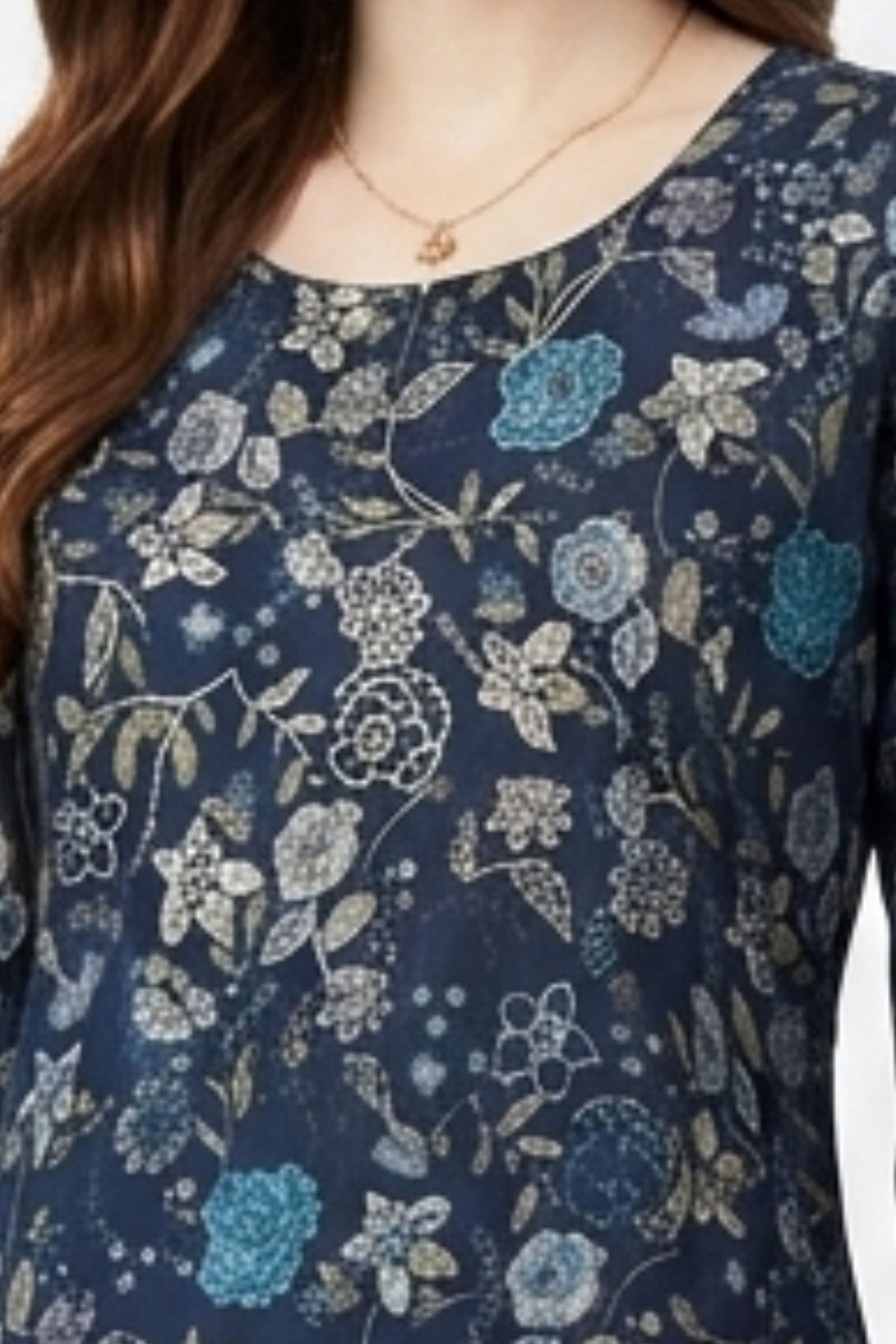 Navy Blue Embroidery and Stone work with Floral Print A-Line Cut Calf Length Kurti