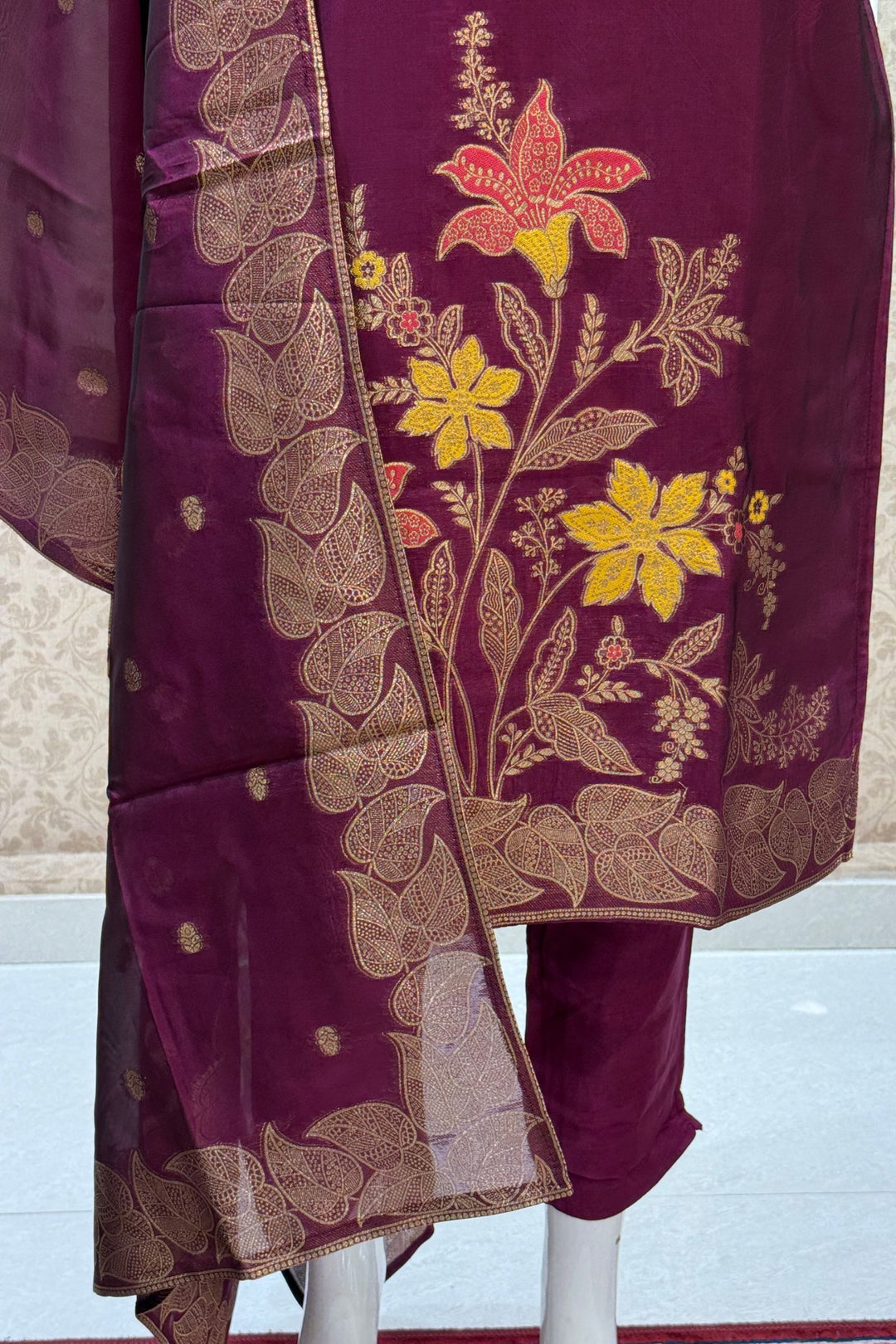 Wine Straight Cut Salwar Suit with Beads, Zardozi, Sequins, Mirror and Brocade work