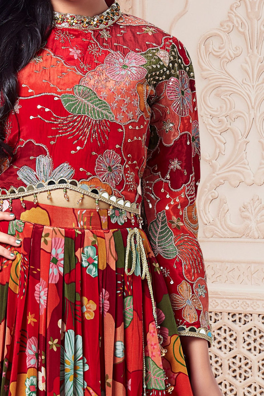 Red Sequins, Zari, Beads and Mirror work with Floral Print Lehenga Choli for Girls