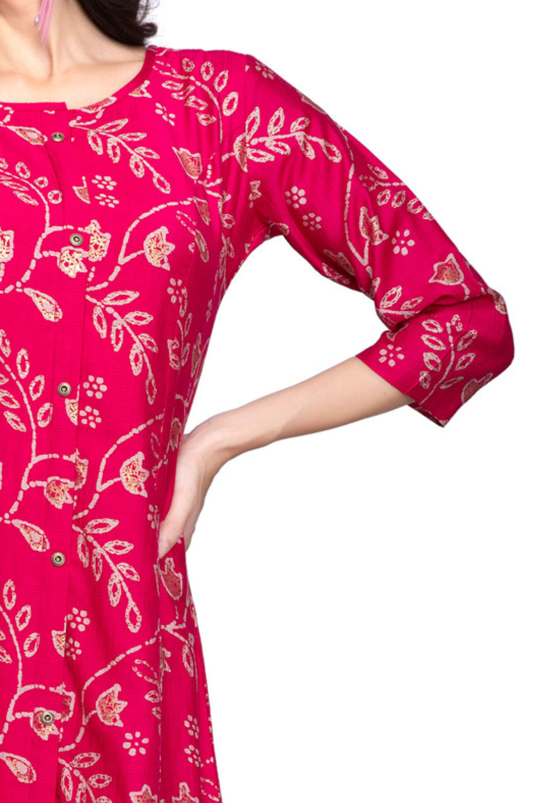 Rani Pink Digital Print Aline Cut Calf Length Kurti