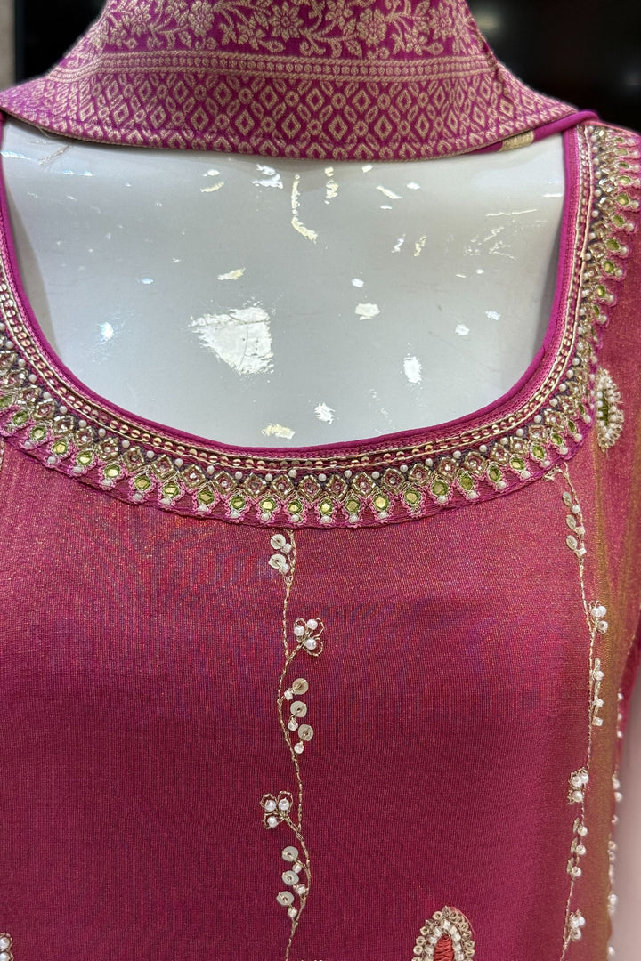 Magenta Pink Beads, Zardozi, Mirror, Pearl, Zari and Sequins work Straight Cut Salwar Suit