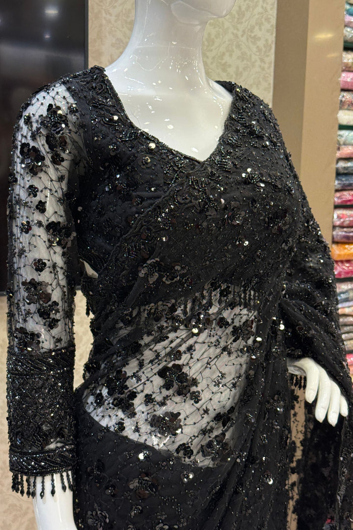 Black Beads and Sequins work Saree with Designer Blouse