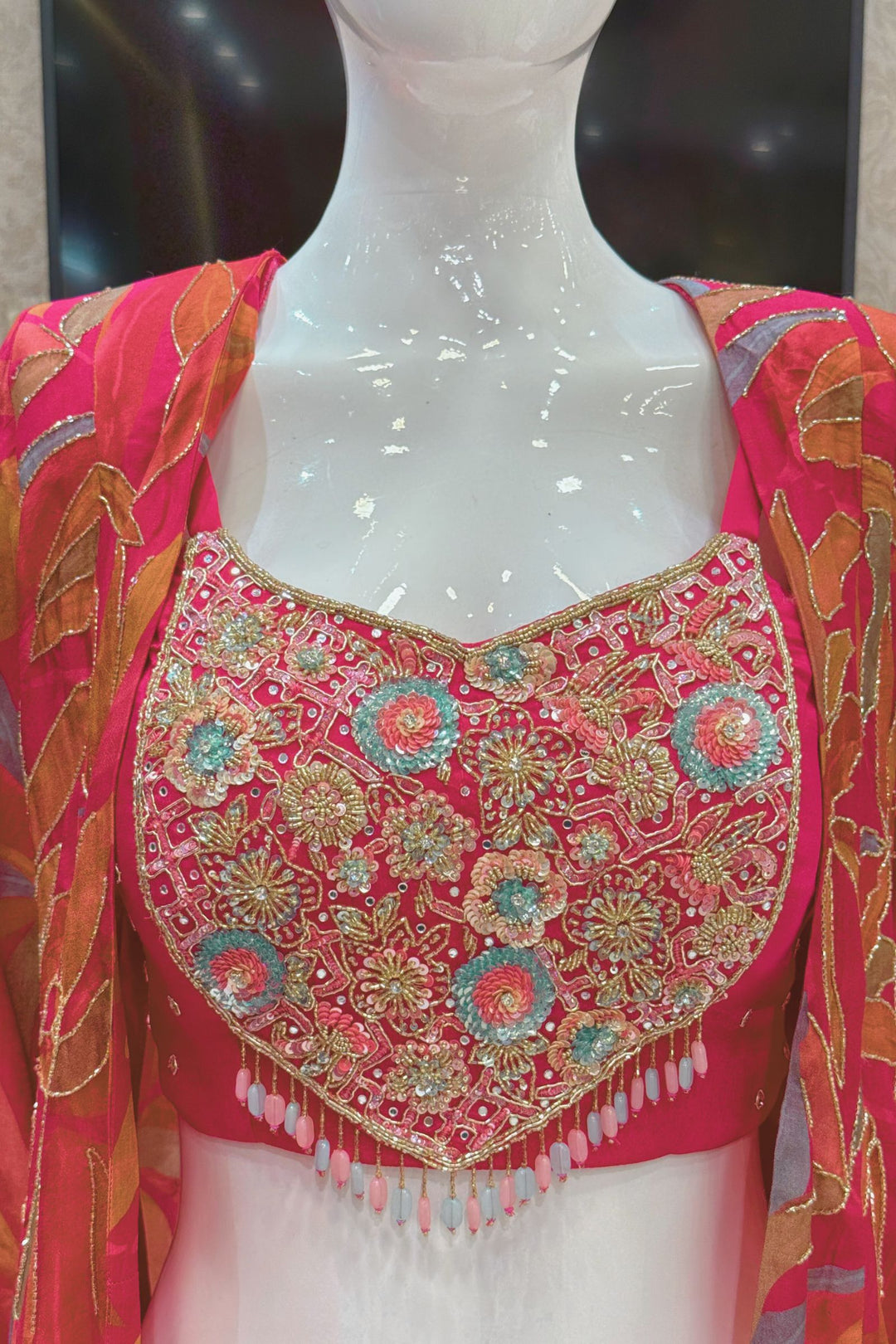 Rani Pink with Multicolor Digital Print Overcoat Styled Palazzo Suit Set