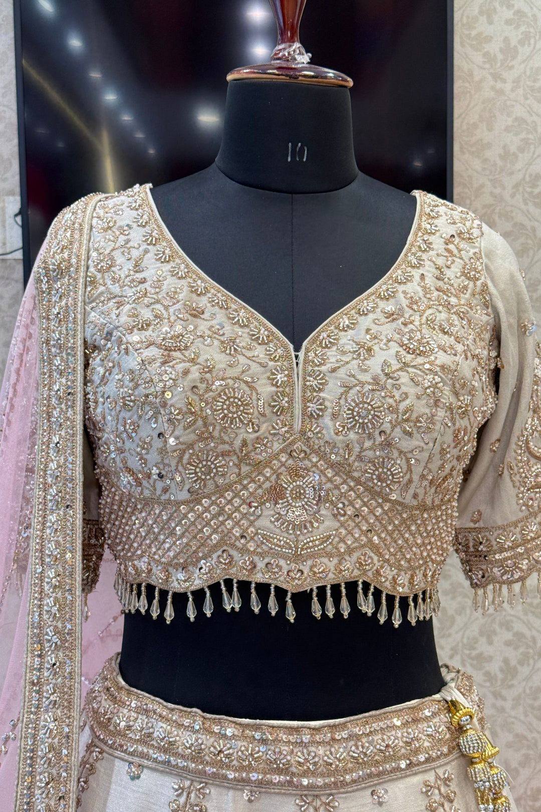 Designer Wedding Lehenga in Cream with Beads, Zari and Sequins Work