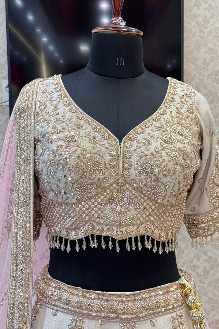 Designer Wedding Lehenga in Cream with Beads, Zari and Sequins Work