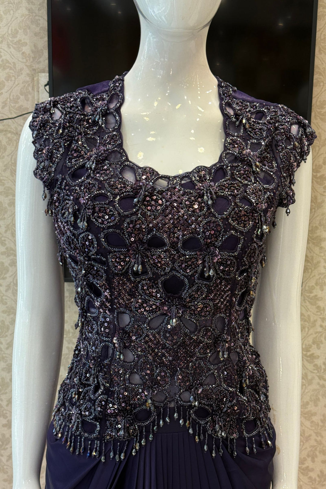 Purple Indo-Western Styled Beads and Sequins work Top and Cowl Skirt