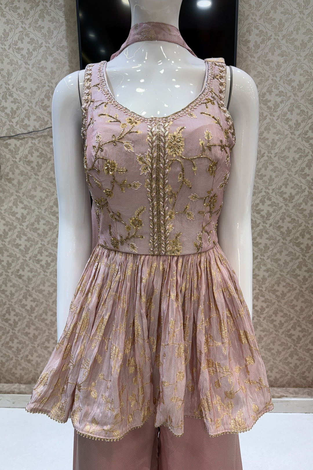 Baby Pink Banaras, Beads, Zardozi and Sequins work Peplum Top with Palazzo Suit Set