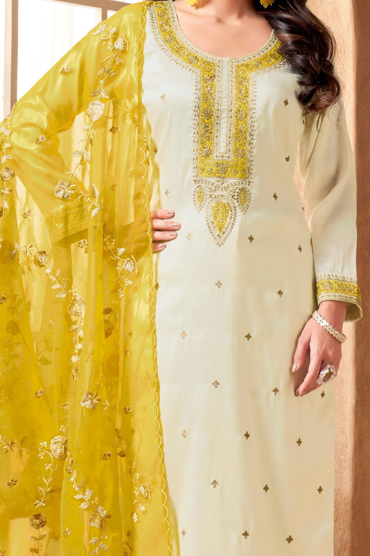 Half White Beads, Zari and Sequins work Straight Cut Salwar Suit