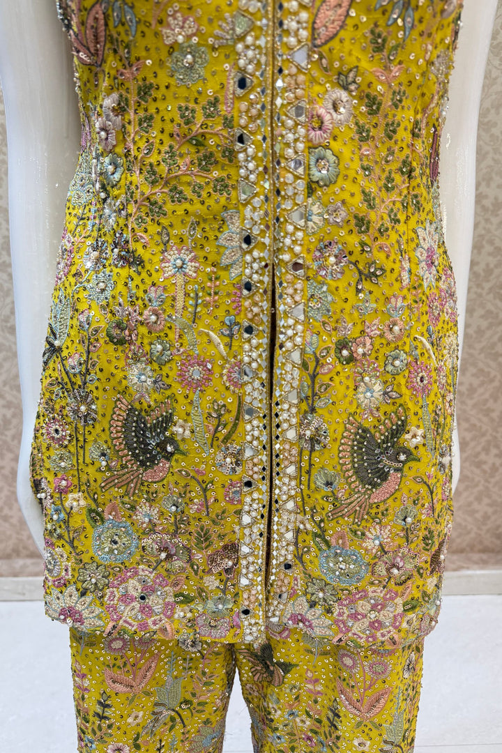 Yellow Multicolor Embroidery, Sequins, Pearl, Stone and Mirror work Salwar with Palazzo Pant