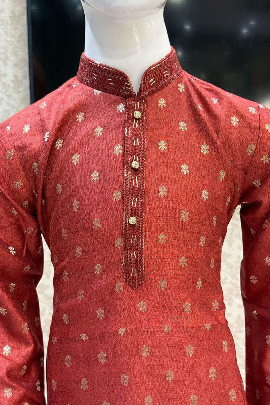 Brick Red Zari work Kurta Set for Boys