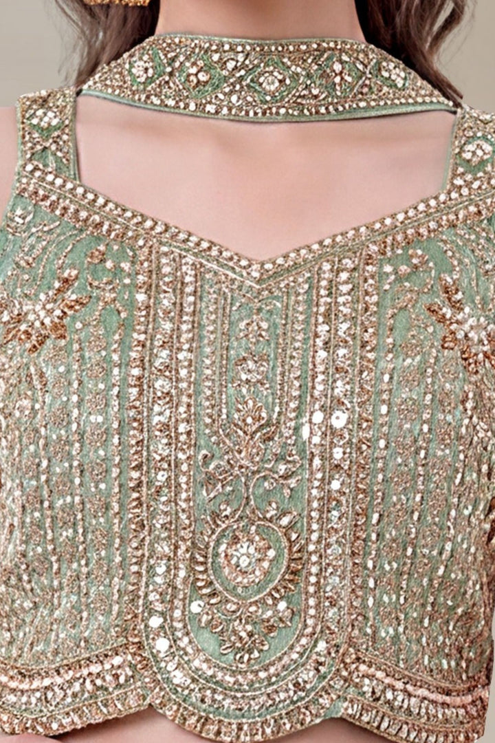 Sea Green Zari, Beads and Sequins work Palazzo Suit Set for Girls