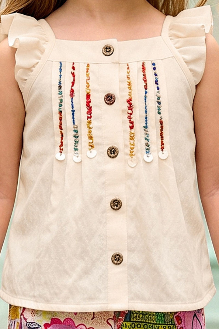 Cream Top with Multicolor Digital Print Shorts For Girls