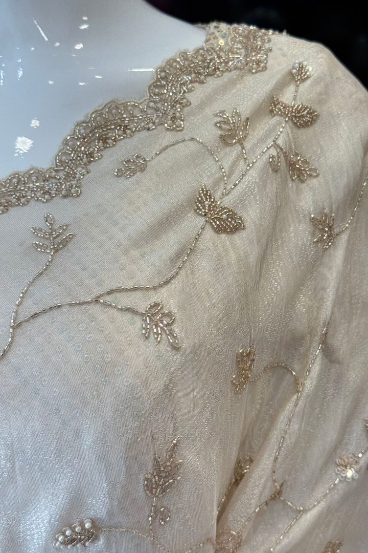 Beige Party Wear Saree with Sequins, Beads Border and Floral Motif Embroidery