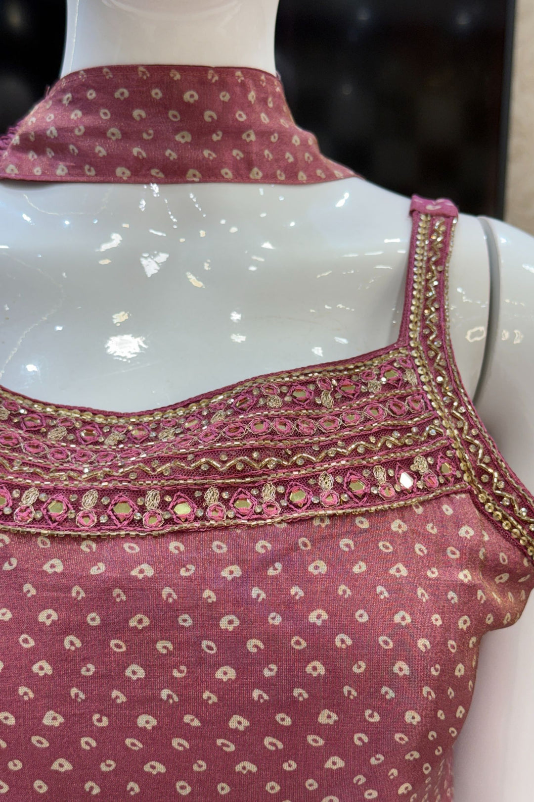 Onion Pink Sequins, Beads, Stone and Zari work with Bandini Print Palazzo Salwar Suit