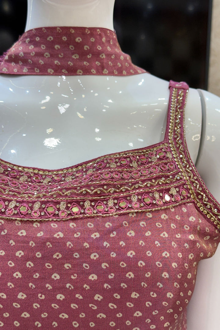 Onion Pink Sequins, Beads, Stone and Zari work with Bandini Print Palazzo Salwar Suit