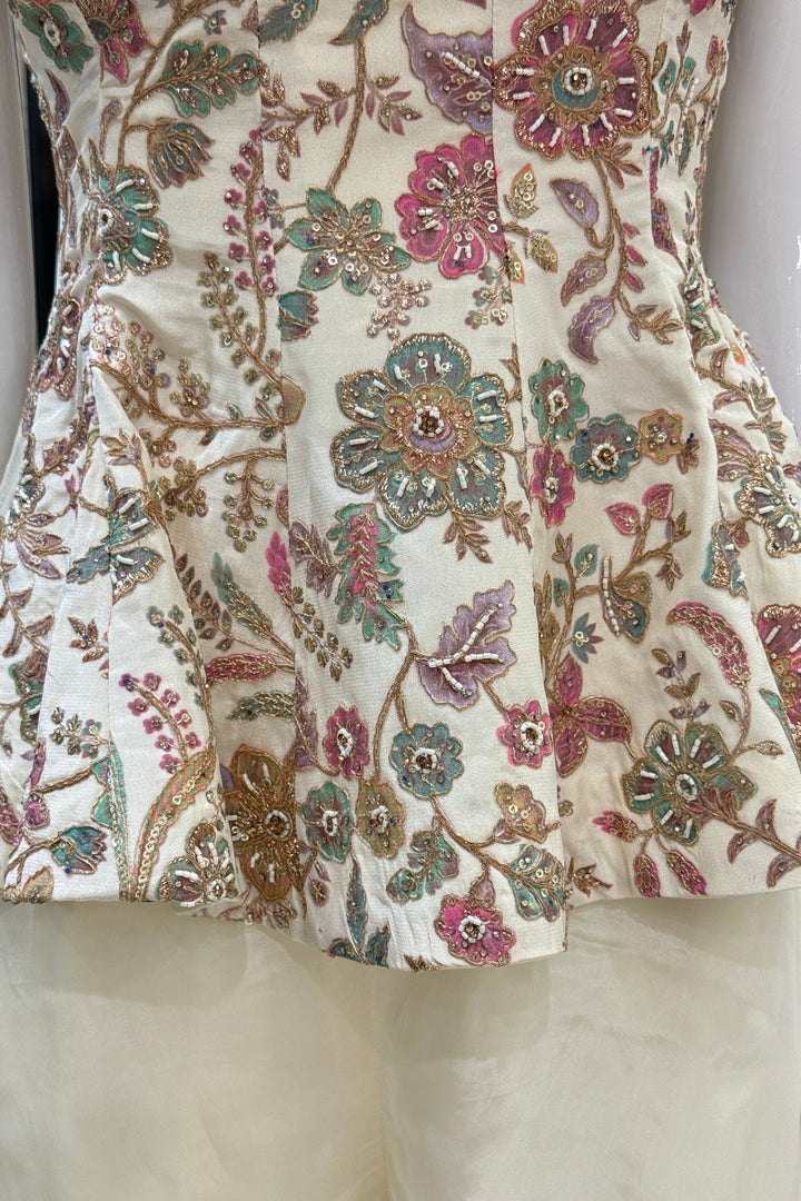 Cream Floral Print Peplum Top and Flared Palazzo Set with Zari and Beads work