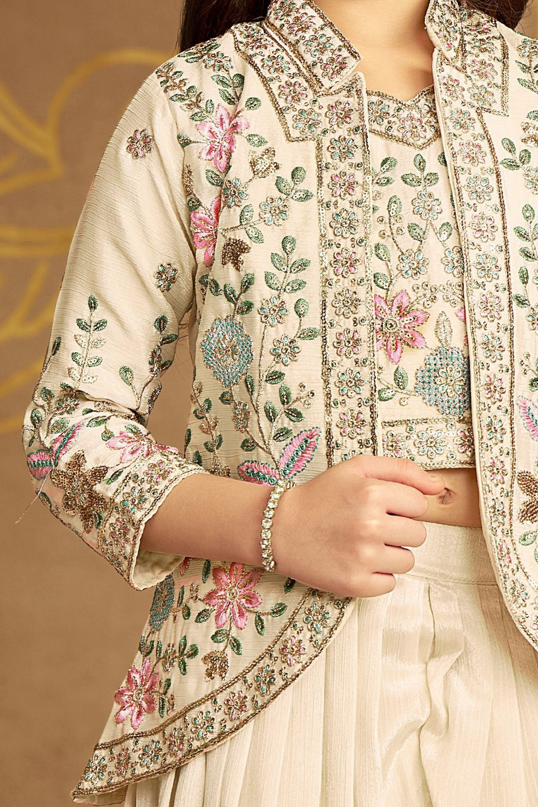 Cream Multicolor Thread, Zari and Sequins work Jacket Styled Palazzo Suit Set for Girls