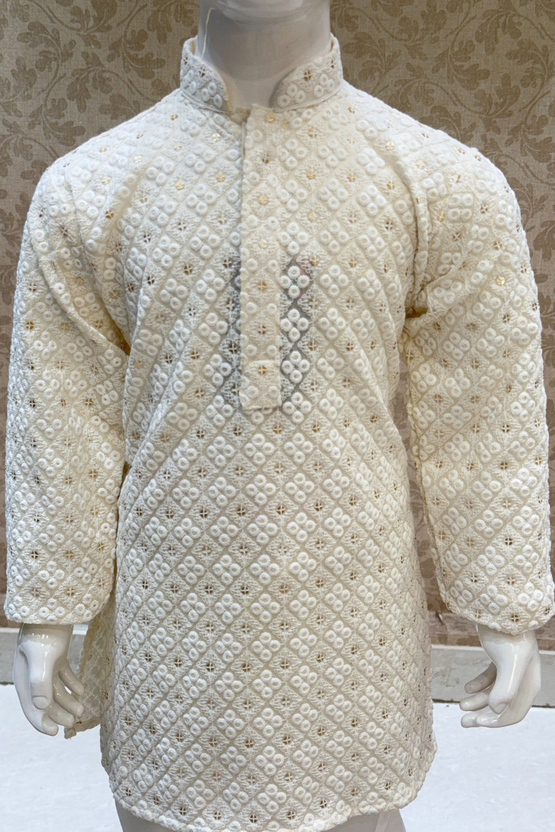 Cream Sequins and Embroidery work Kurta Set for Boys
