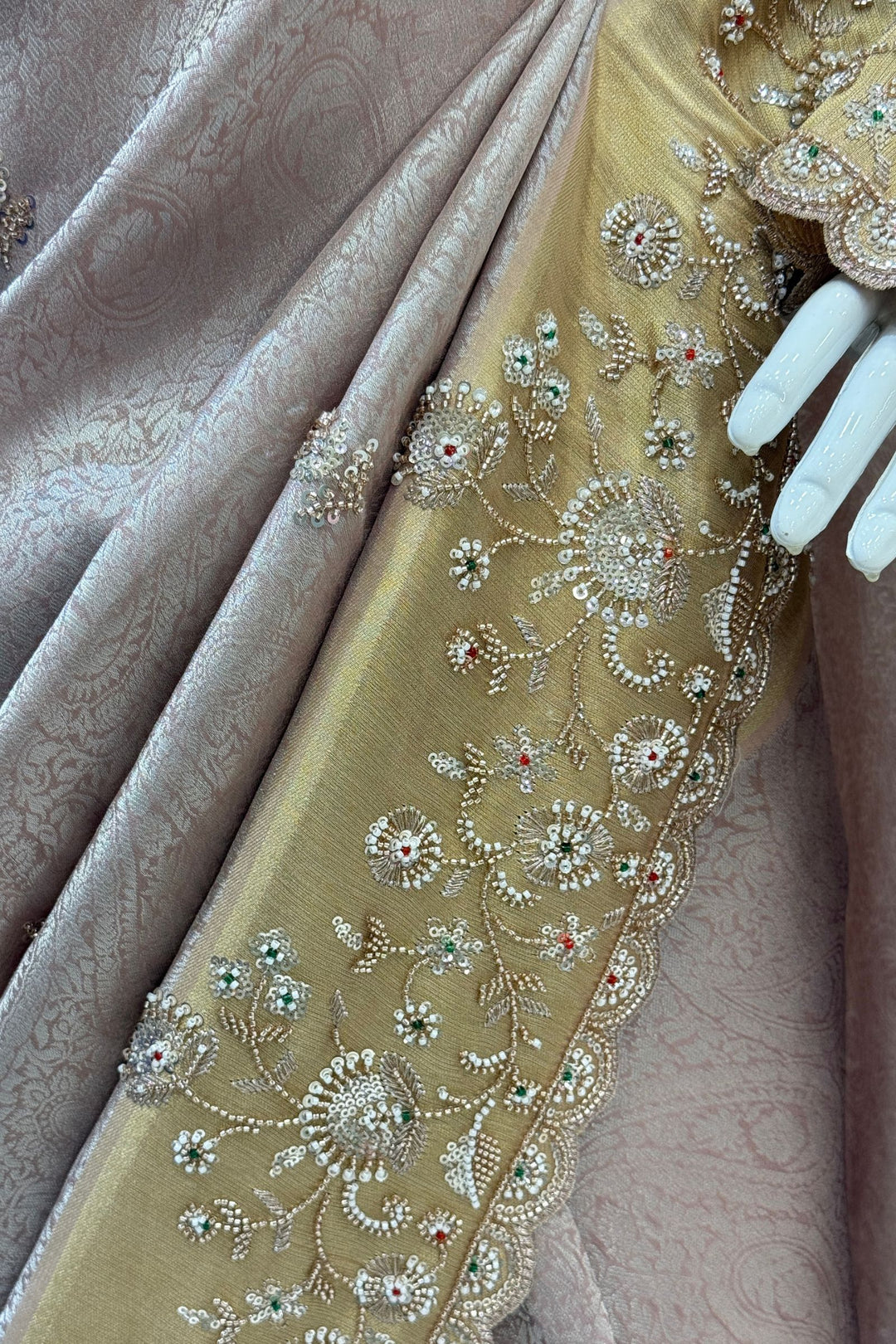 Onion Pink Banaras, Beads, Sequins and Zari work Saree