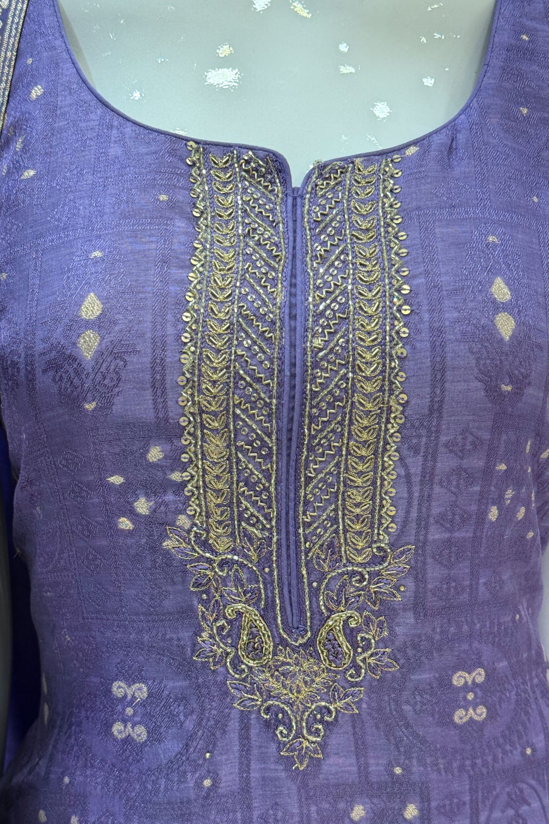 Lavender Beads, Sequins, Zardozi, Stone, Banaras and Jacquard work Straight Cut Salwar Suit