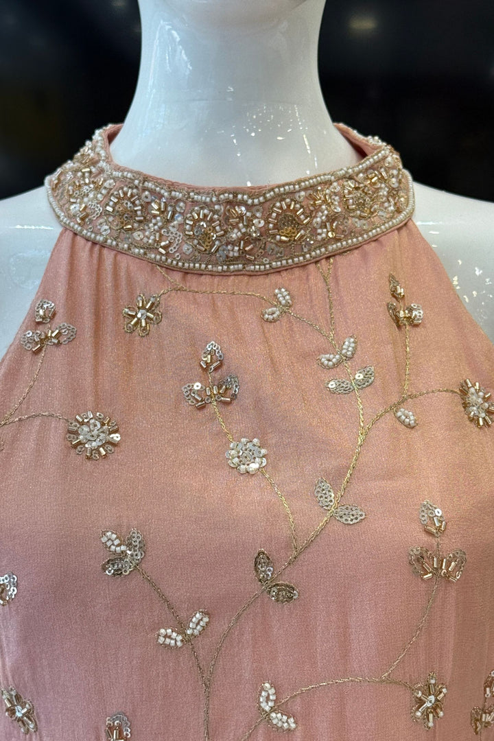 Peach Zari, Sequins and Beads work Palazzo Salwar Suit