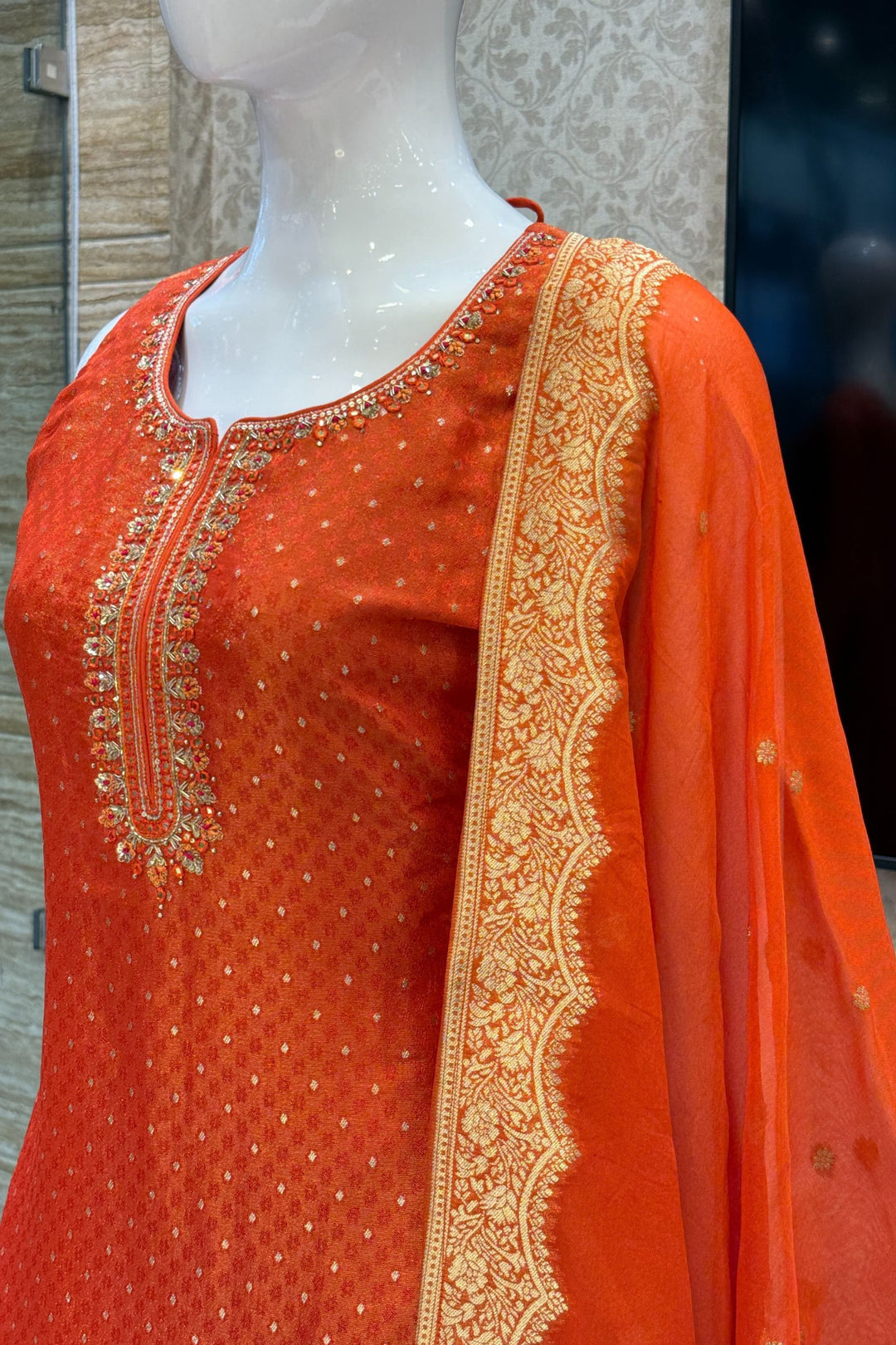 Orange Banaras, Zardozi, Mirror, Stone and Sequins work Straight Cut Salwar Suit