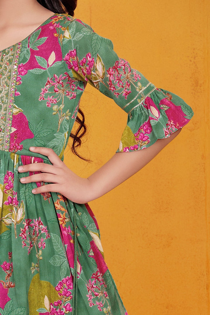 Green Sequins work with Multicolor Digital Print Peplum Top and Palazzo Set For Girls