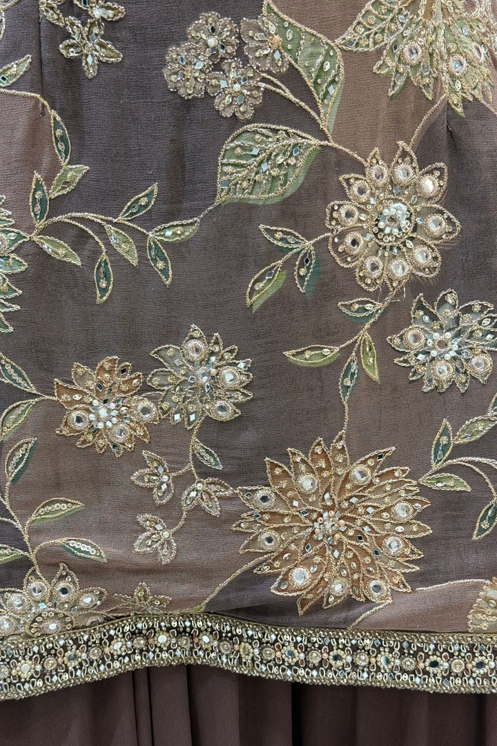 Brown Zari, Beads, Mirror and Zardozi work Palazzo Salwar Suit