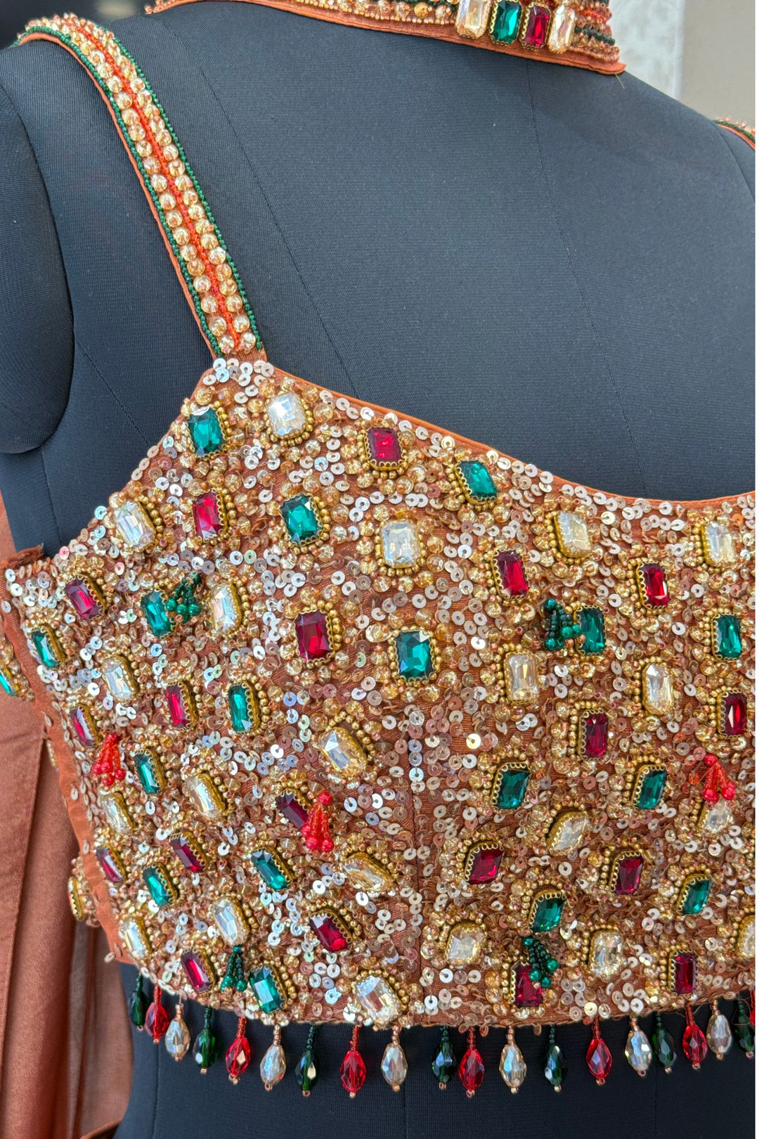Rust Stone, Beads and Sequins work Crop Top Lehenga