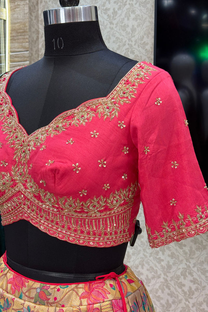 Designer Floral Banarasi Lehenga Set in Pink and Gold