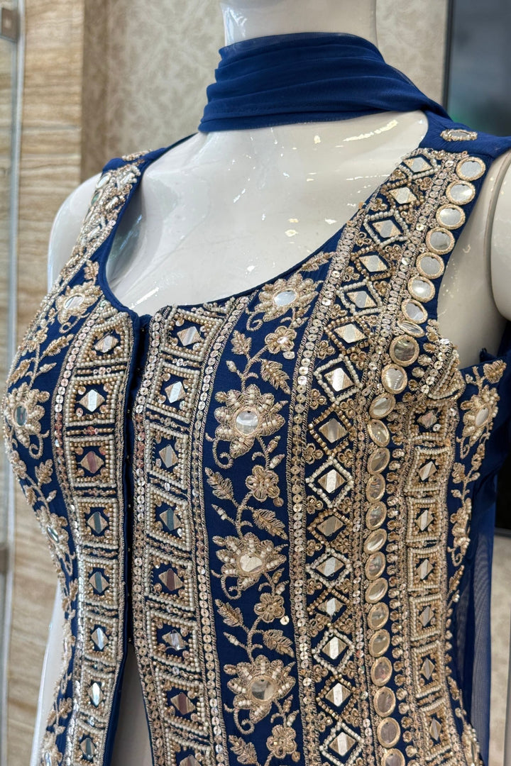 Teal Blue Mirror, Beads, Sequins and Zari work Palazzo Salwar Suit