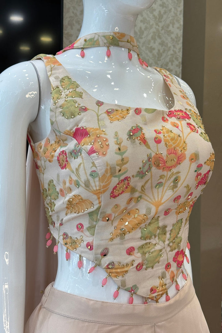 Cream Stone, Mirror and Beads work with Multicolor Digital Print Palazzo Suit Set