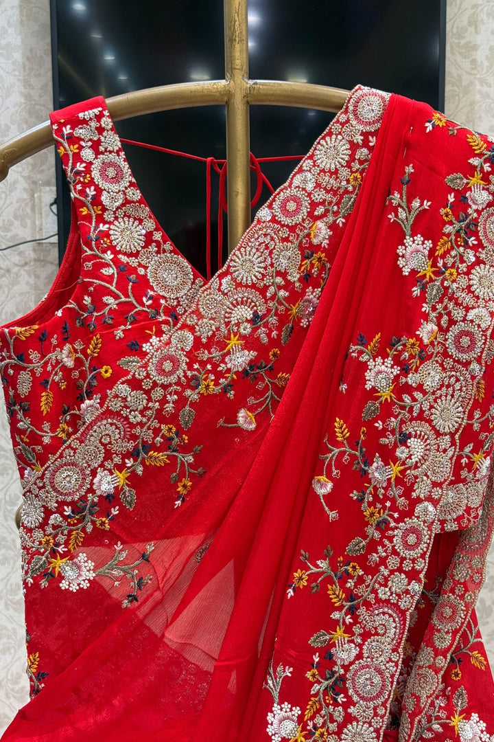 Red Saree with Multicolor Embroidery, Zari and Sequins Embellishments