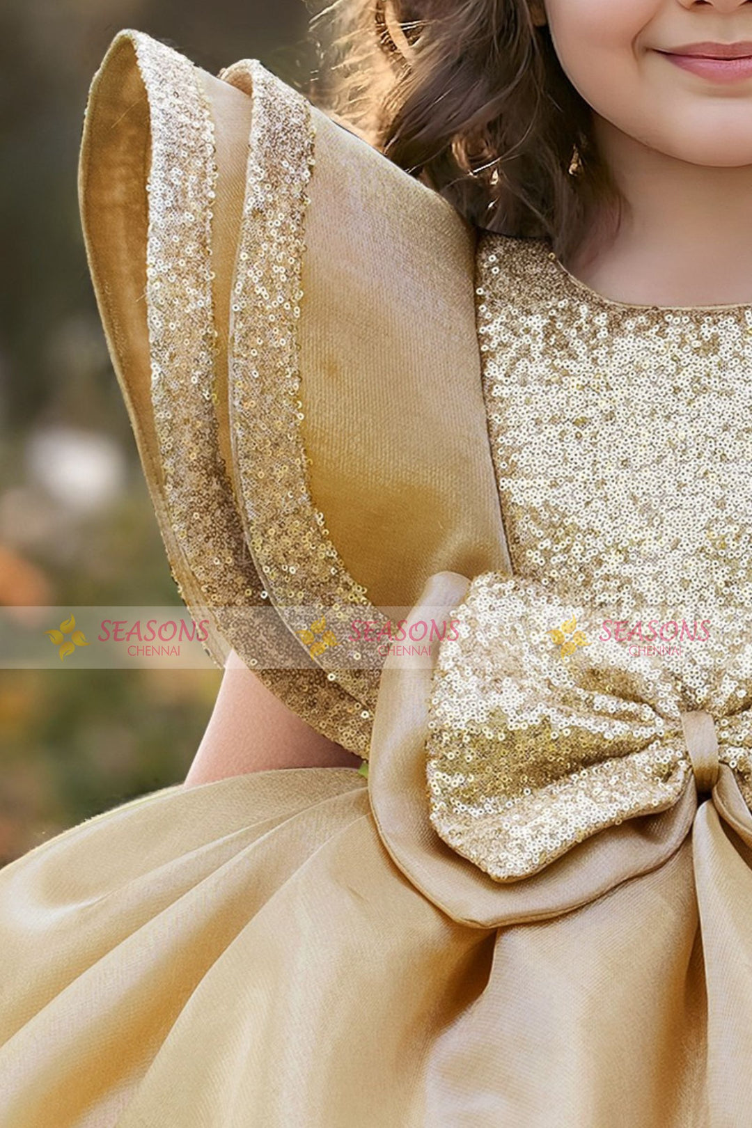 Gold Sequins work Short Partywear Frock for Girls