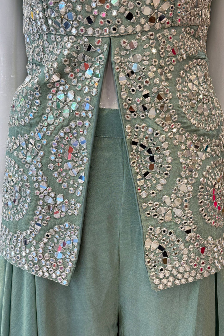 Sea Green Mirror, Zari and Stone work Top with Palazzo Pant Set