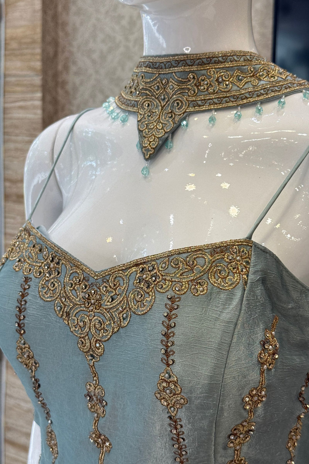 Sea Blue Palazzo Salwar Suit with Stone, Zari and Embroidery Detailing