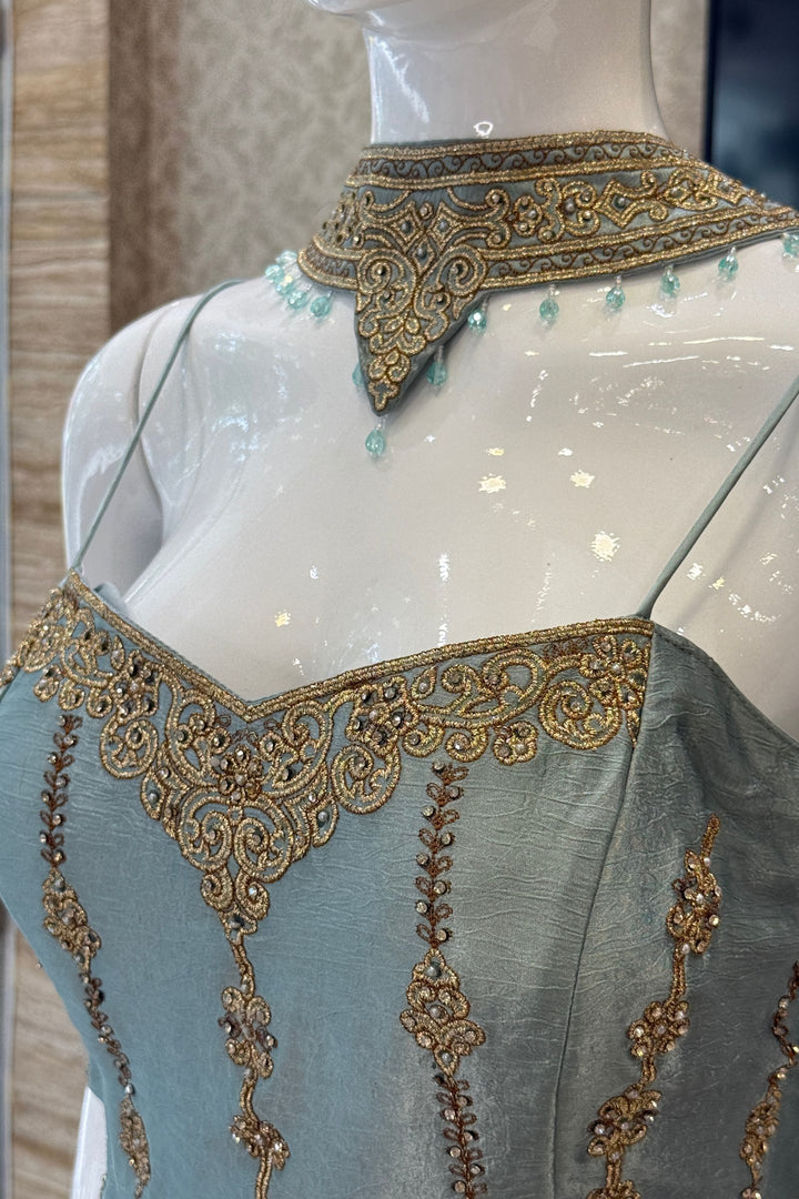 Sea Blue Palazzo Salwar Suit with Stone, Zari and Embroidery Detailing